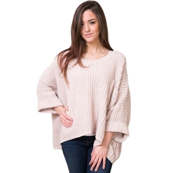 Pol Woman’s Beige Chunky Knit Pullover Oversized Soft pocket Sweater Size Large - Picture 1 of 13